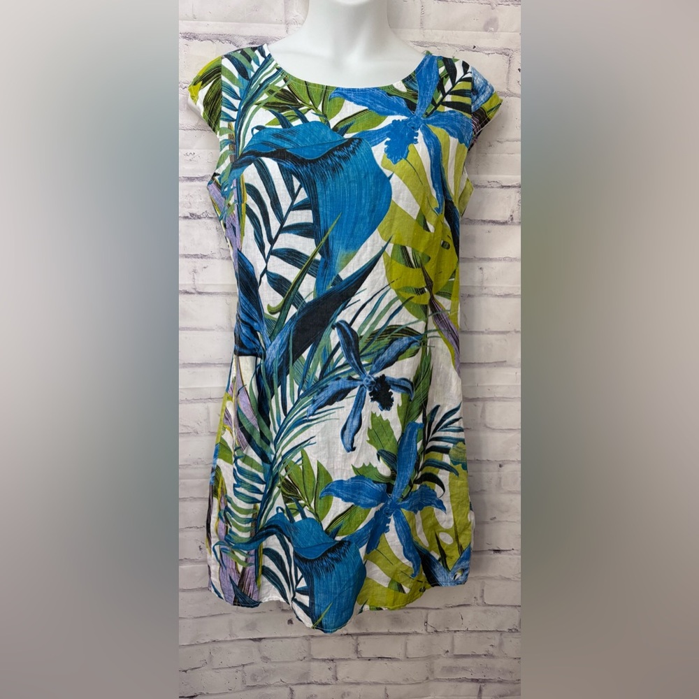 Lina Tomei Italy XL Sleeveless Linen Shift Dress Floral Palms Summer Resort
